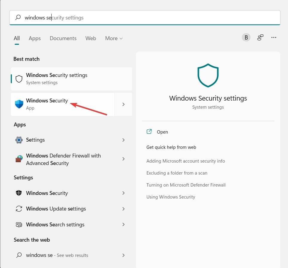 Open Windows security from Start menu