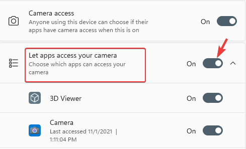 Turn on Let apps access your camera in Privacy & security settings
