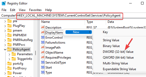 Navigate to path in Registry Editor and create a new DWORD (32-bit) Value