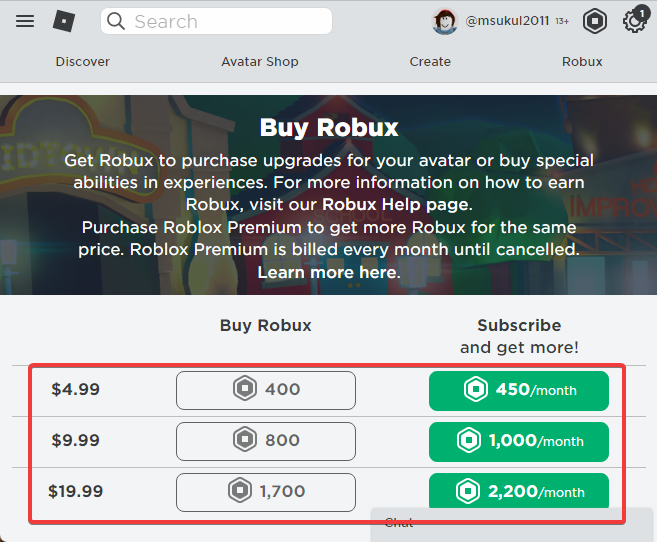 Buy Robux in the Buy Robux page in Roblox