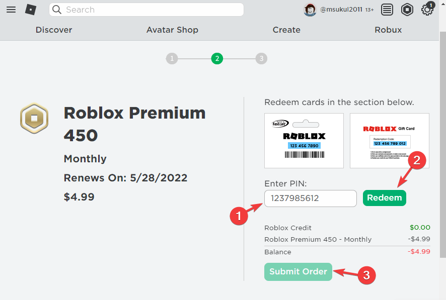 Enter PIN, Redeem and submit order in Roblox payment page