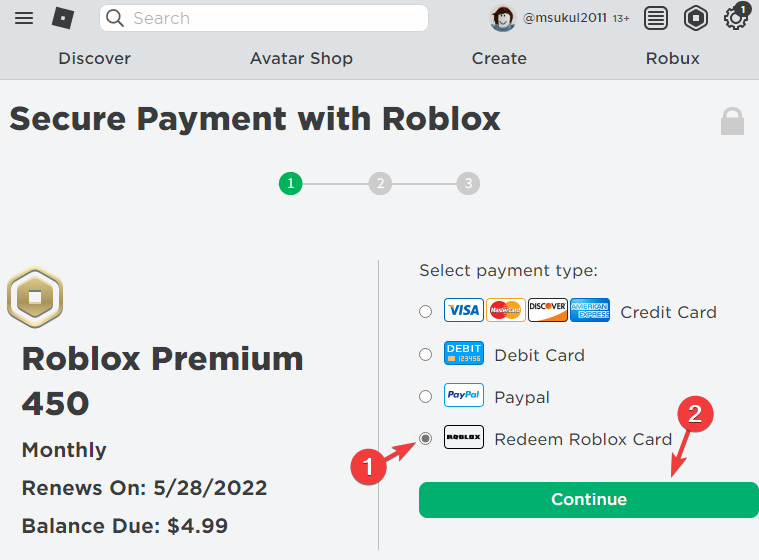 Roblox payment page - select redeem roblox card and continue