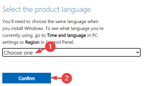 Select the desired product language and confirm