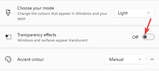 Turn off Transparency effects on Colours in personalosation settings