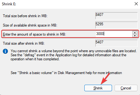 Type volume in Enter the amount of space to shrink in MB field and hit Shrink