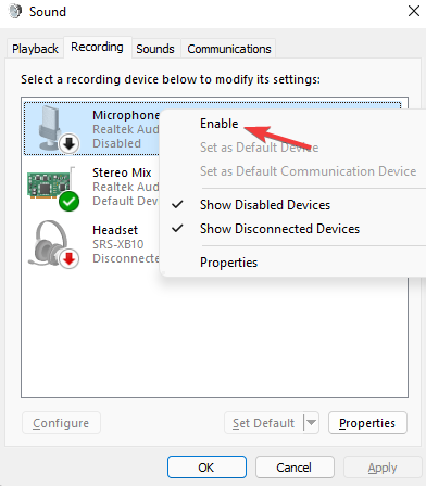 Enable microphone in sound properties