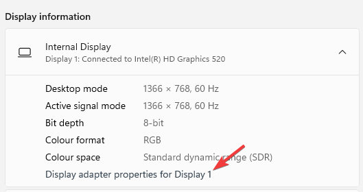 In Display settings click on Display adapter properties for Display 1