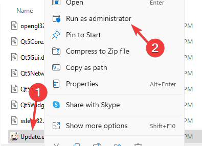 right click on update.exe file and select Run as administrator