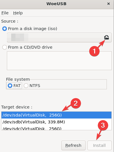 select disk image iso and target device in Woeusb app and install