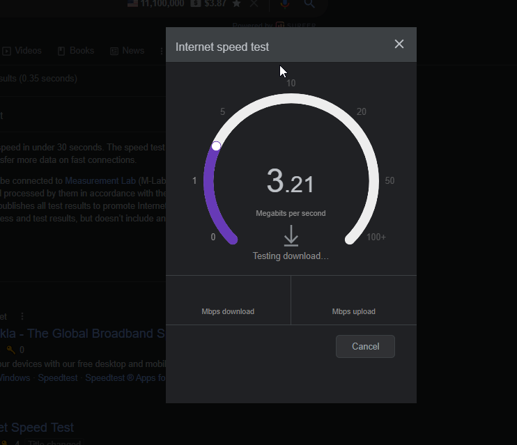 Speed test results
