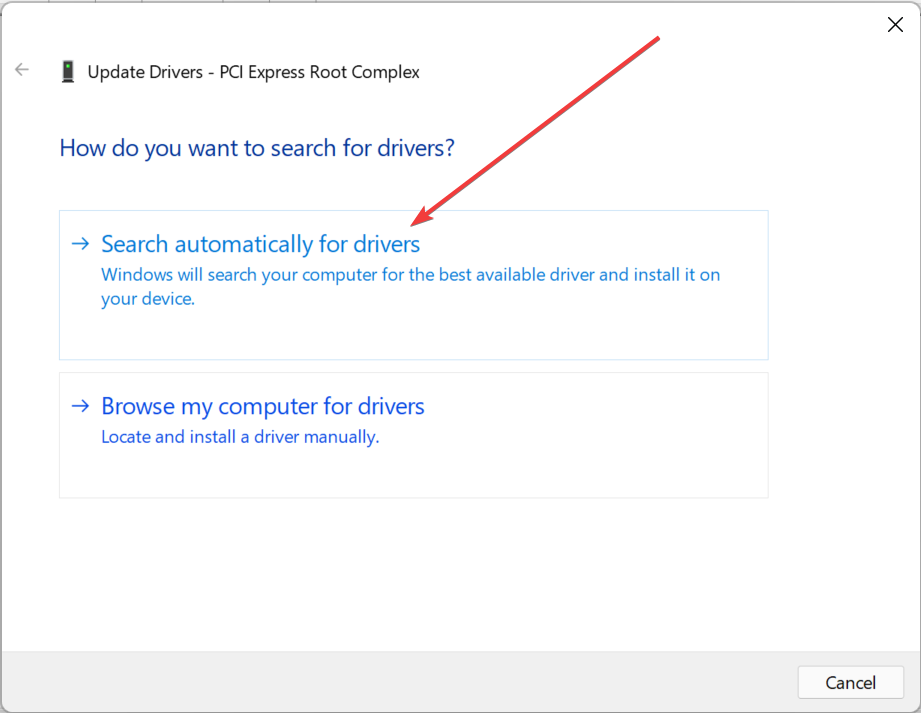 Clicking on Automatically search for drivers