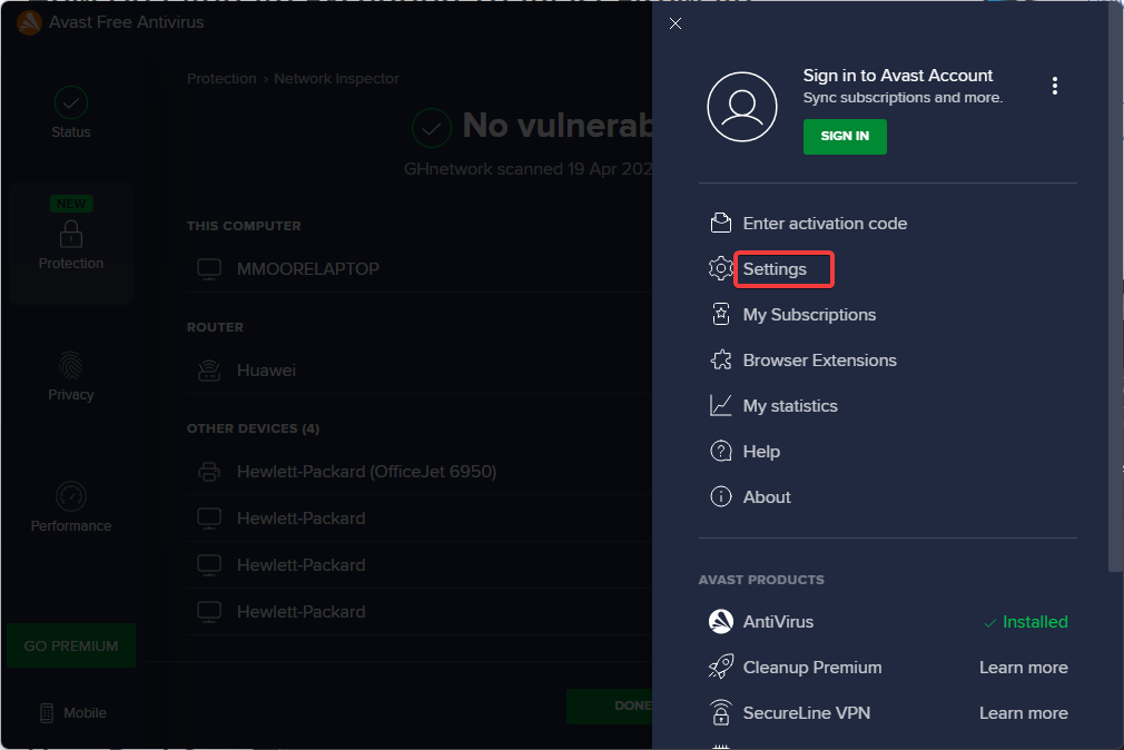 Avast Antivirus open Settings your connection is not private windows 10.