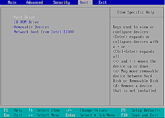 Boot menu in BIOS