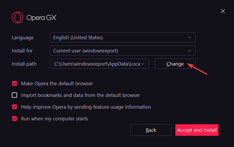 change-path opera gx installer not working