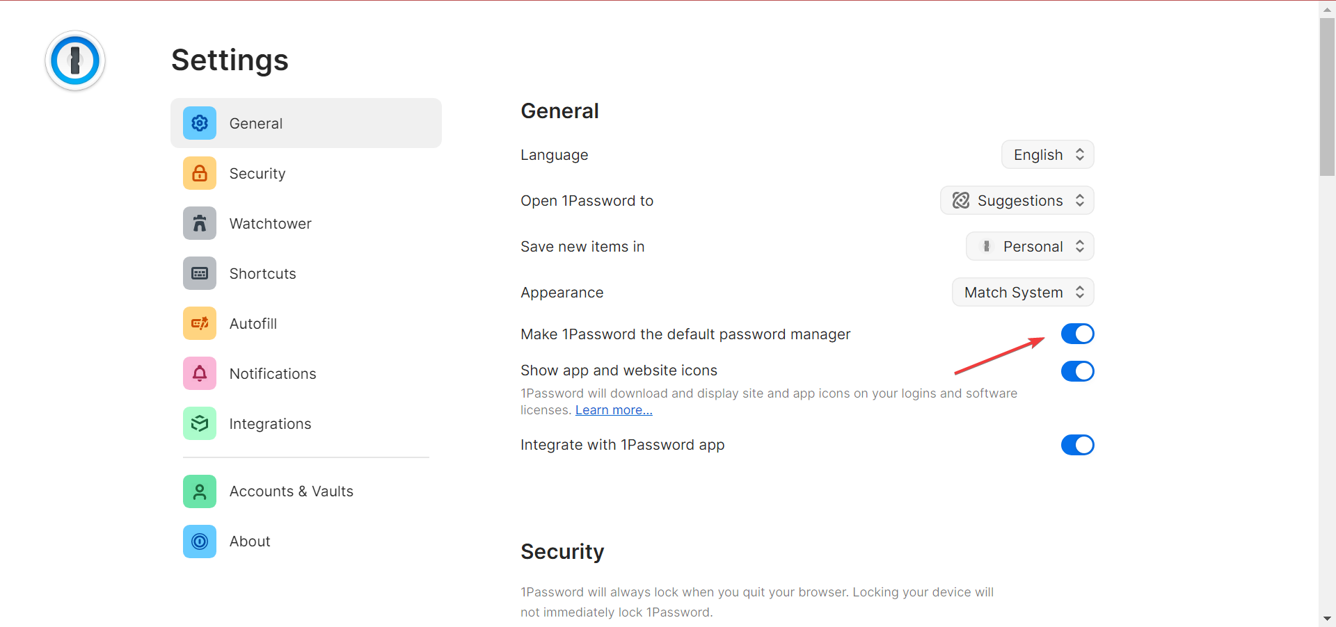 default password managed to fix 1password extension not working