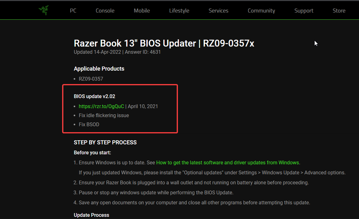 Razer BIOS updater link