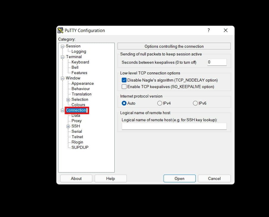 configure PuTTY connection