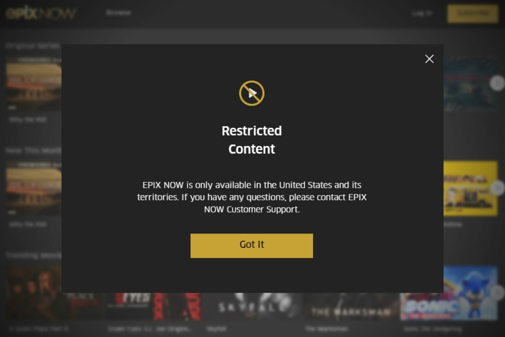 fix Epix Now restricted content error