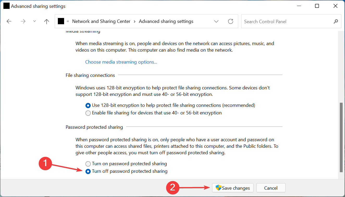 Turn off password protected sharing to fix windows 11 network sharing not working