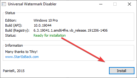 Clicking on install to Install the watermark disabler