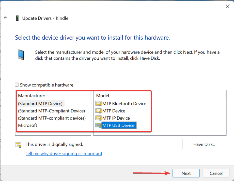 Select MTP driver to fix windows 11 not recognizing kindle
