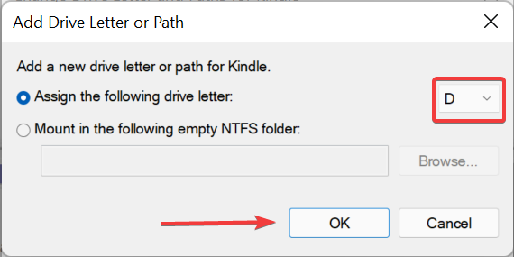 Assign drive letter to fix windows 11 not recognizing kindle
