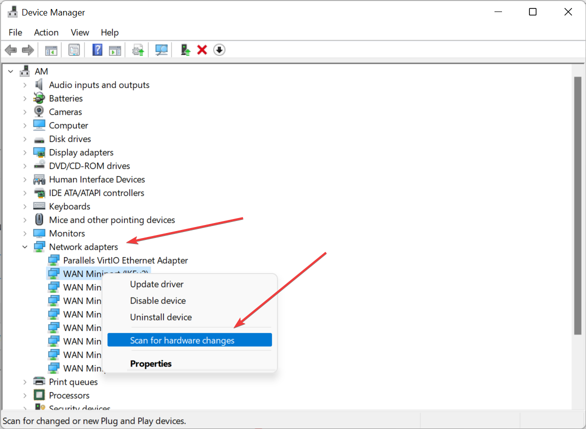 Scanning for network adapters hardware changes