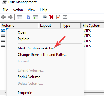 right click on new reserved partition and select Mark Partition as Active