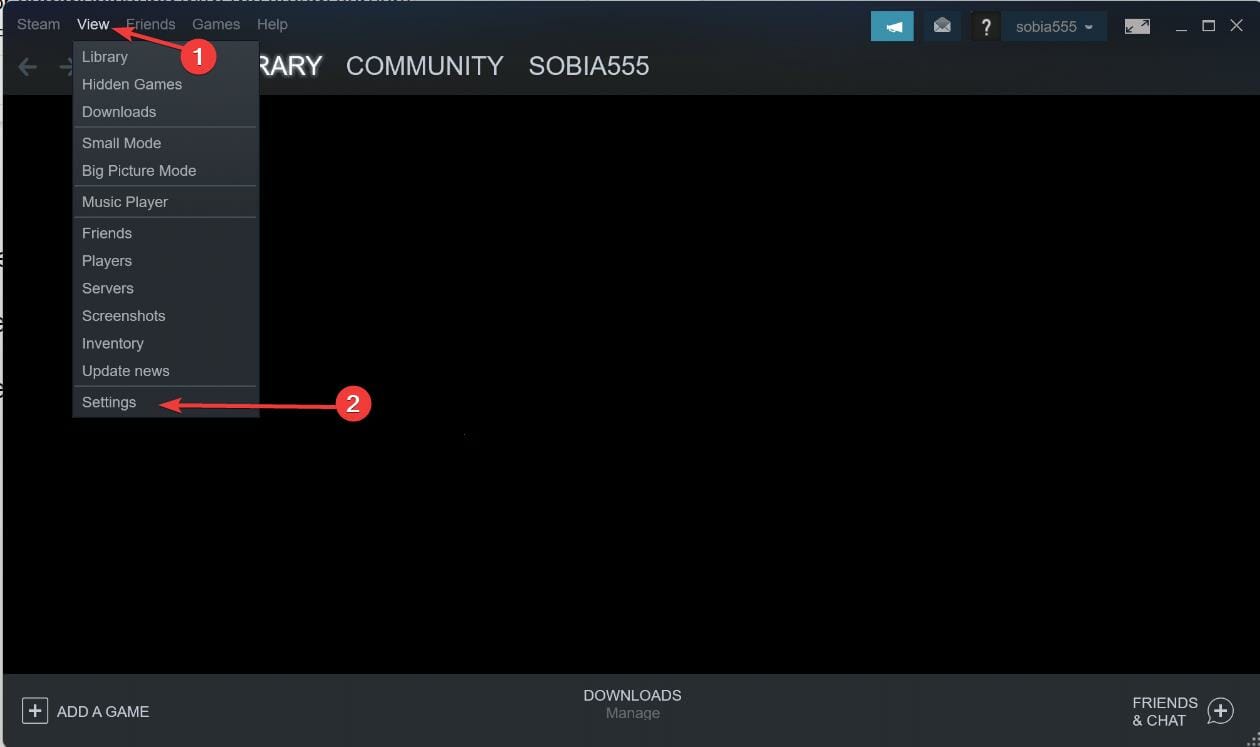 open Steam settings from View tab