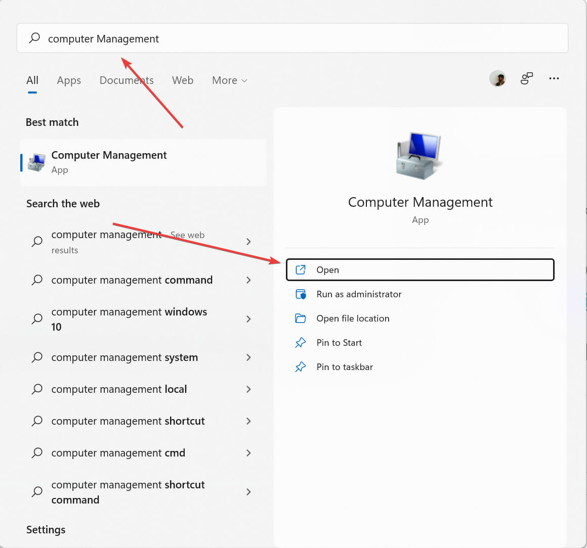 Opening Computer Management using search