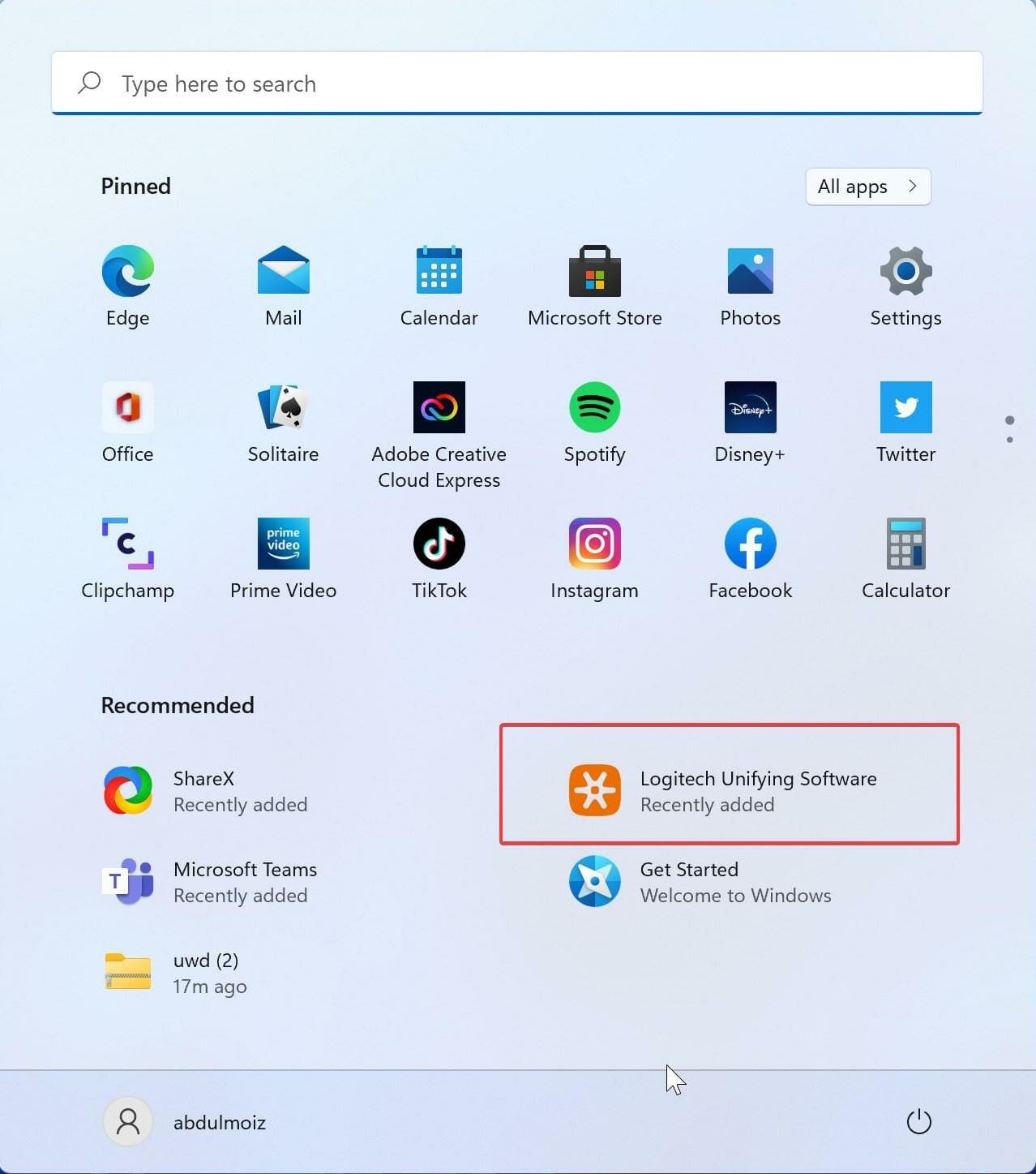 Opening Logitech Unifying from Windows 11 start menu