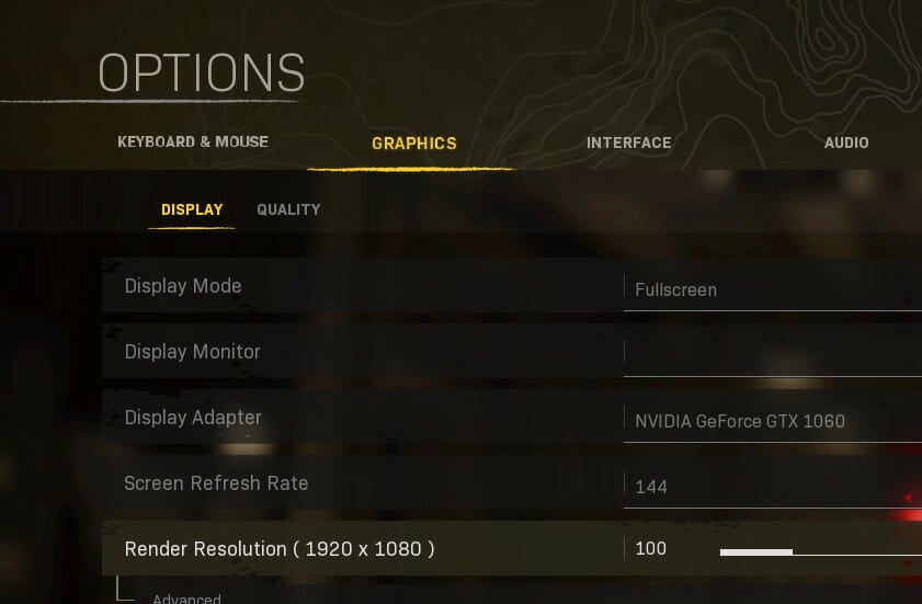 The Render Resolution option warzone lag after windows update