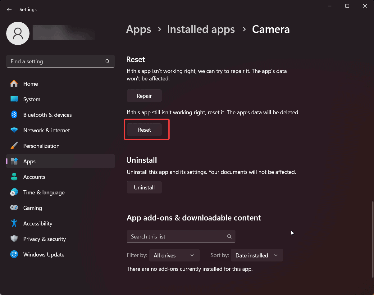 reset camera app