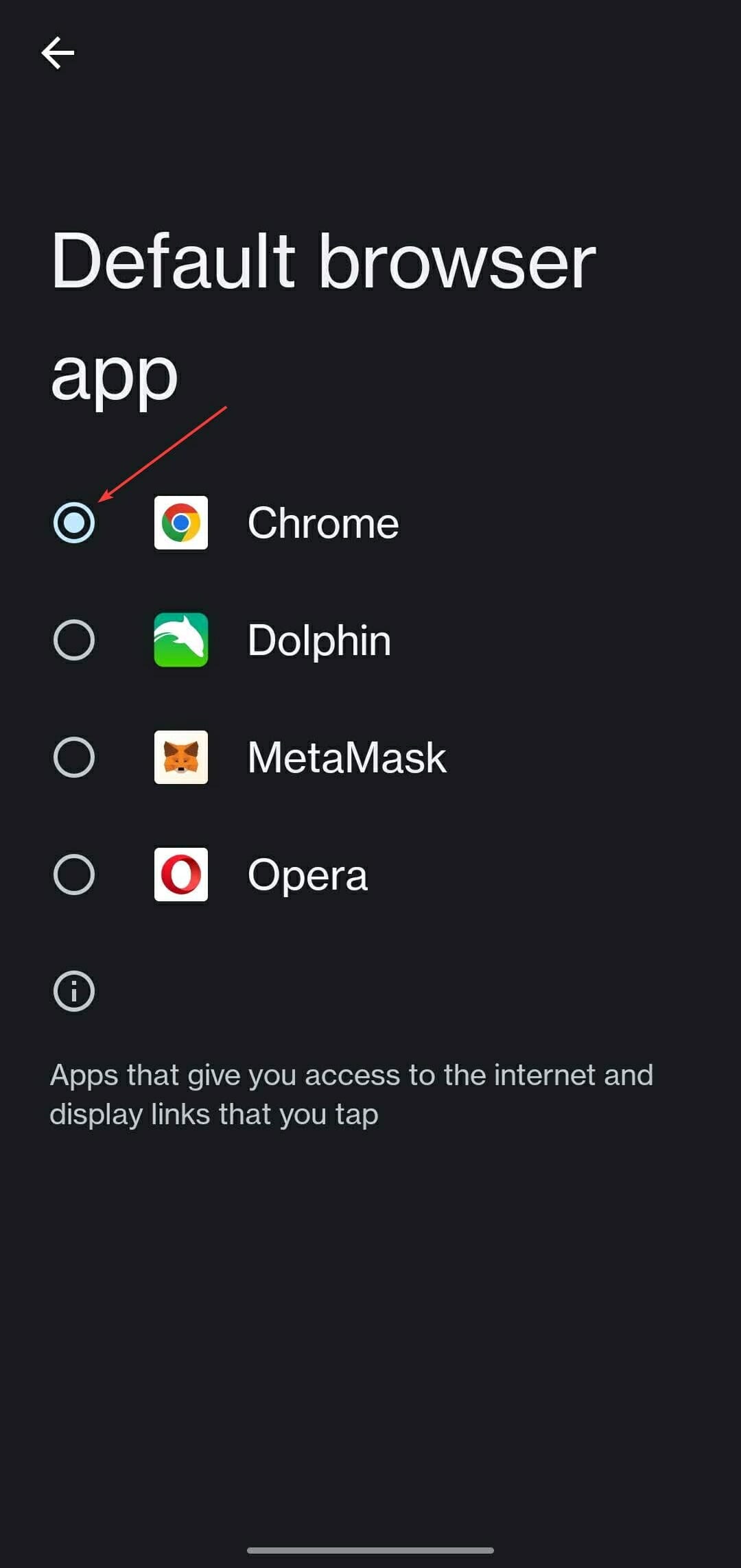 Set Chrome as the default browser app.