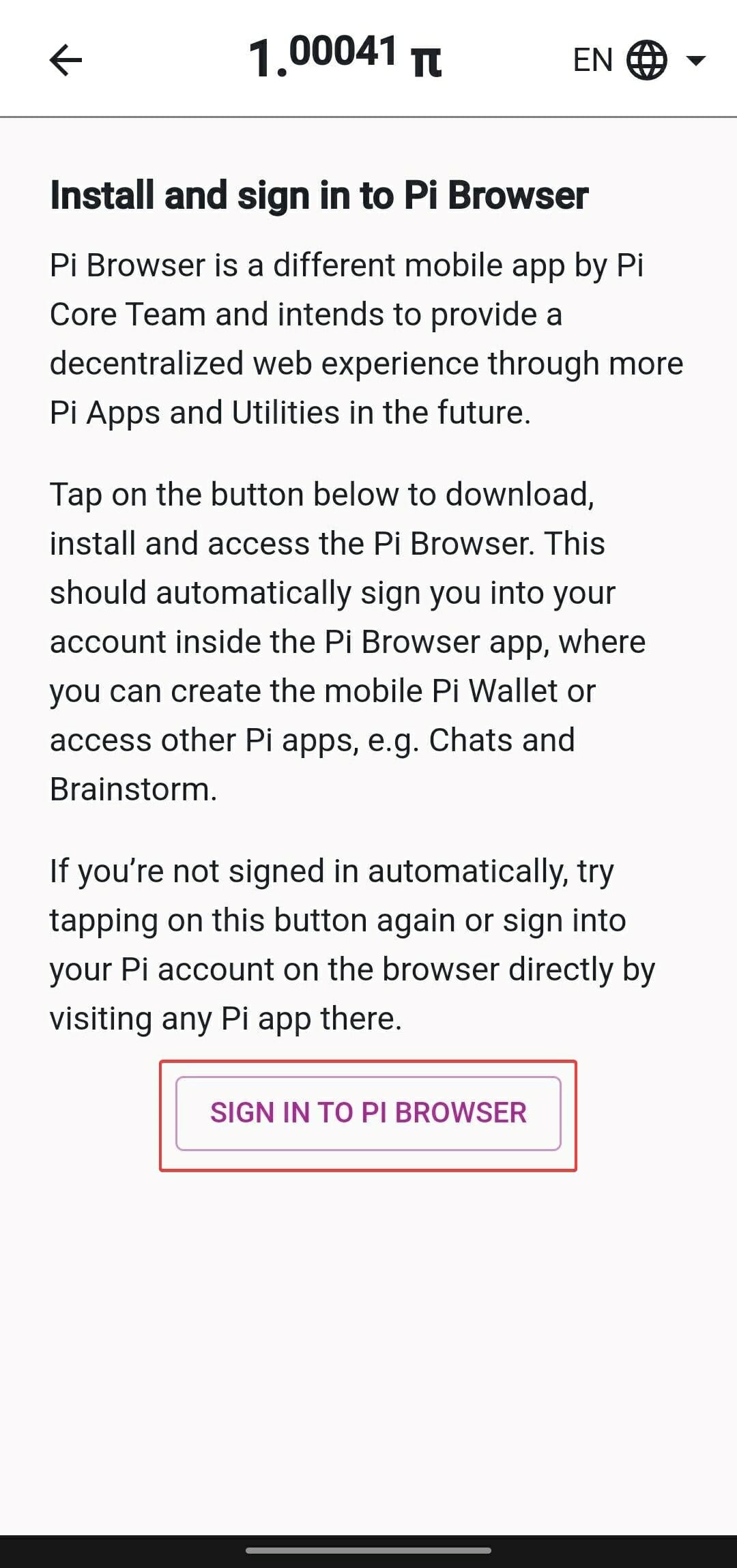 Tap sign in to Pi Browser.