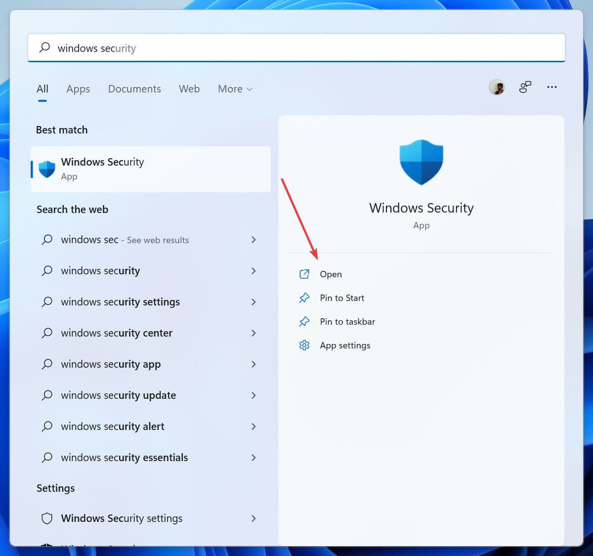 Using the start menu to search for Windows Security