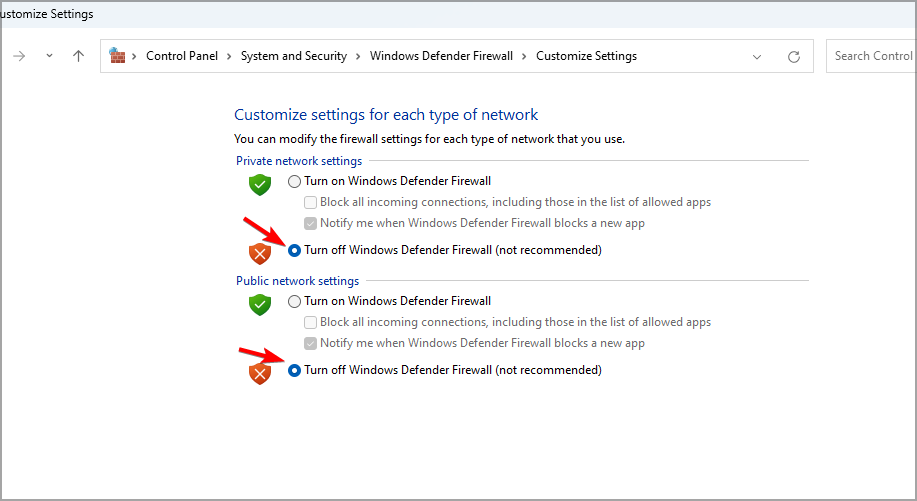 select Turn off Windows Defender Firewall