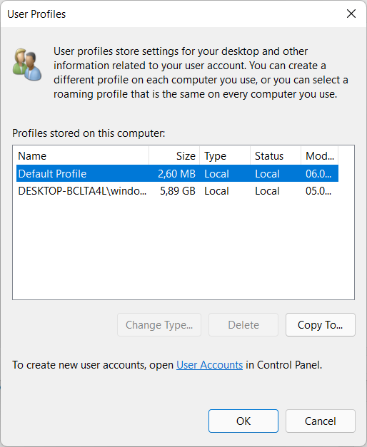 Advanced System Settings for User Profiles in Windows 11