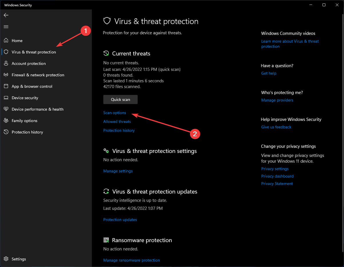 virus protection and scan options