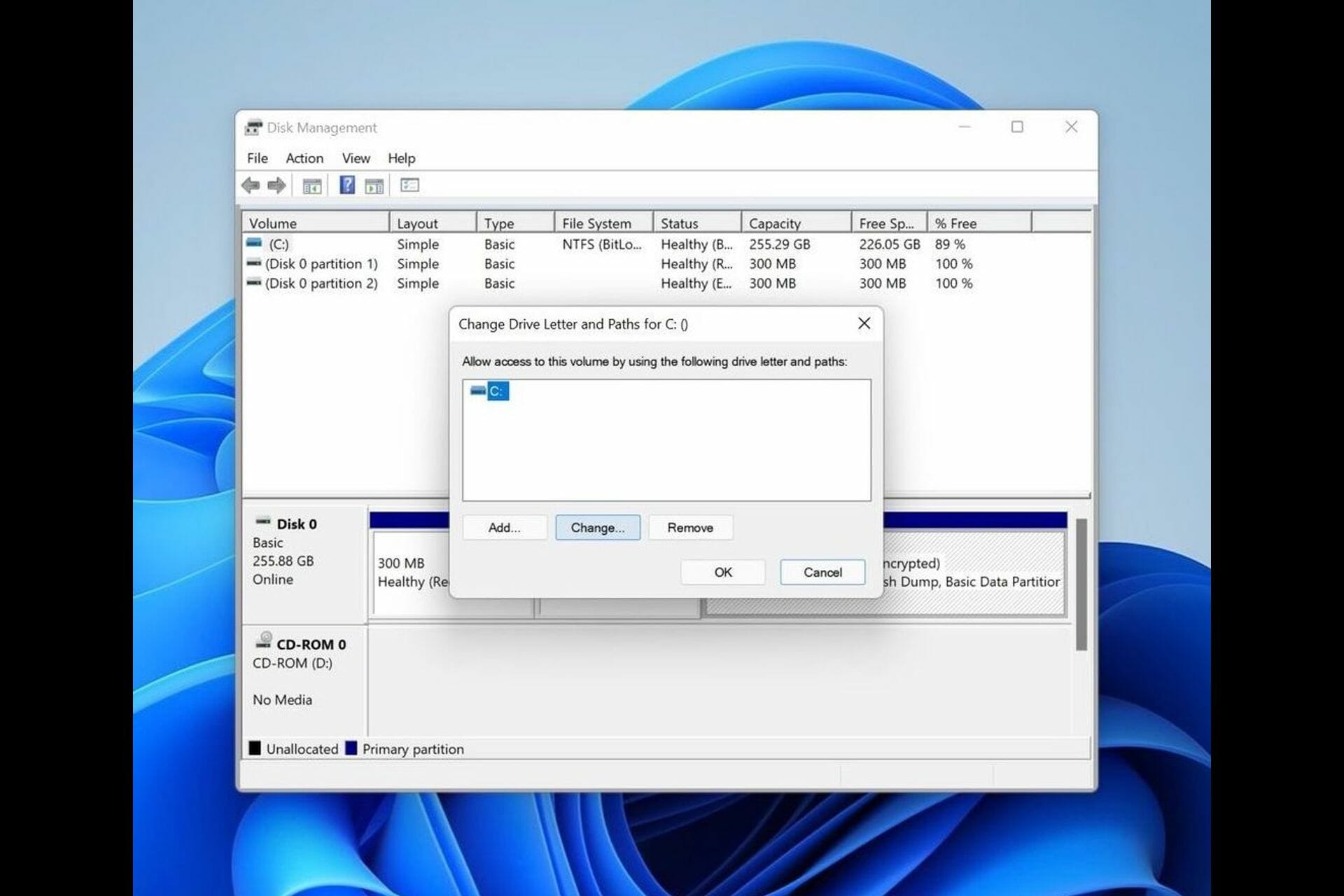 Windows disk management window