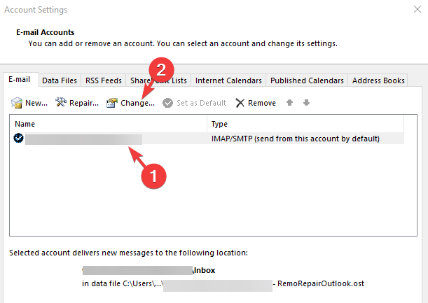 Select email account and click on Change