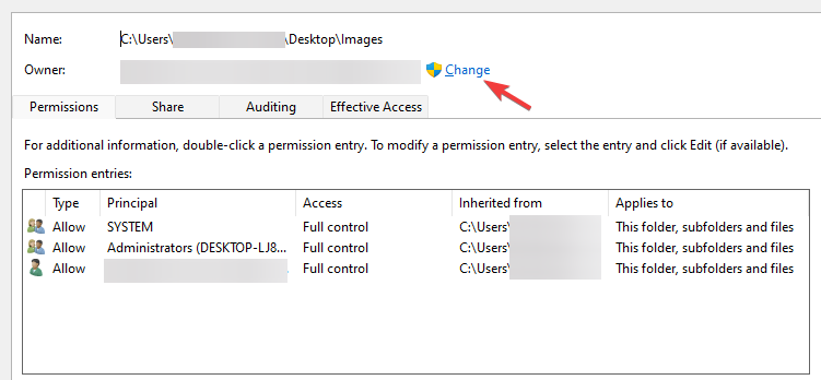 Click on Change in Advanced Security Settings 