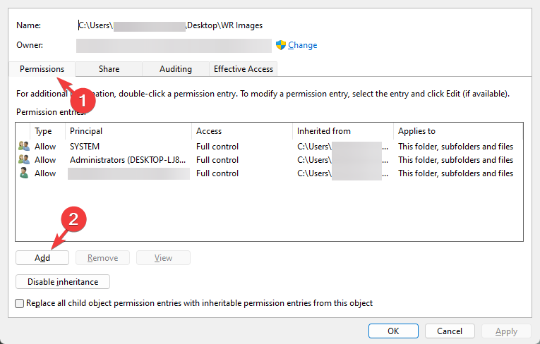 Click on Add under permissions in advanced security settings