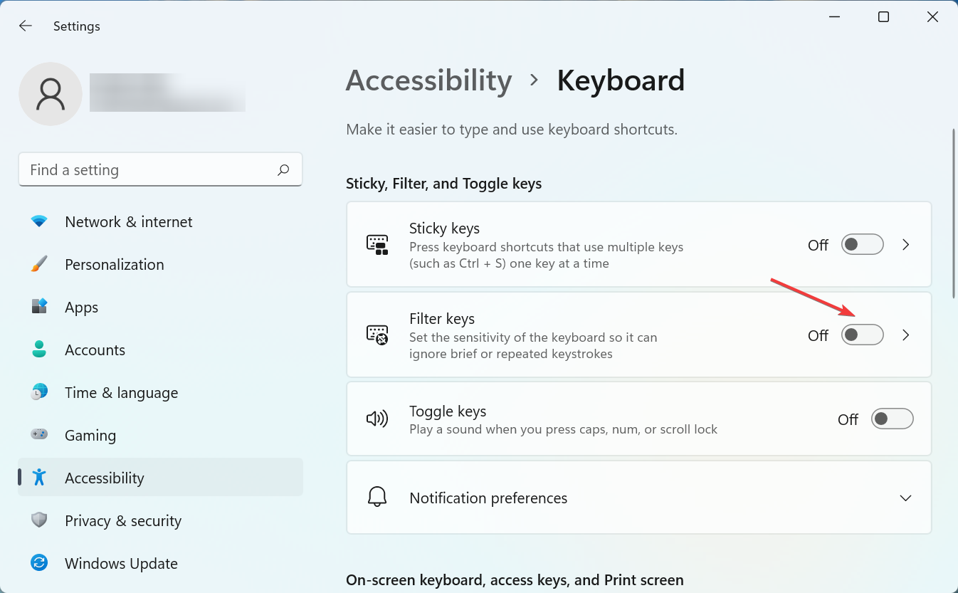 Disable filter keys to fix logitech keyboard not working