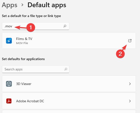 search for .mov files in the default apps search