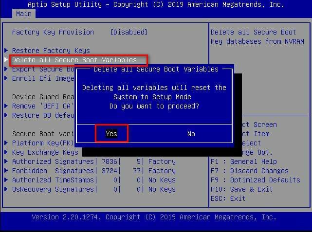  Delete All Secure Boot Variables
