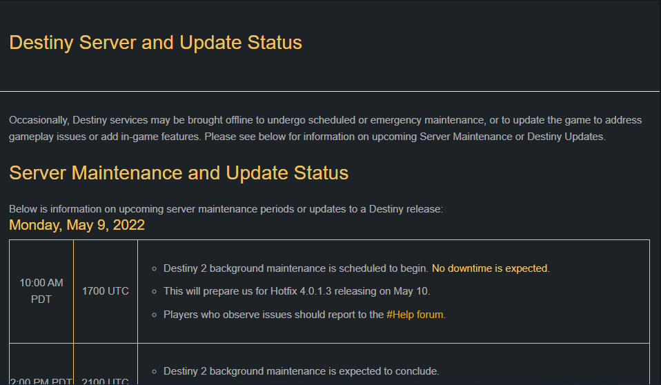 Destiny Server and Update Status