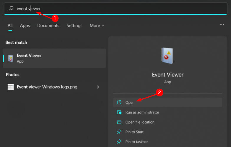 open event viewer from the search box
