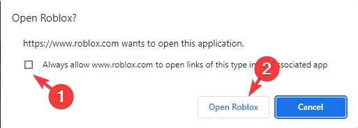 Always allow www.roblox.com to open links of this type in the associated app 