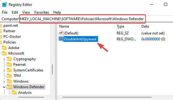 double click to open DisableAntiSpyware in the Registry Editor